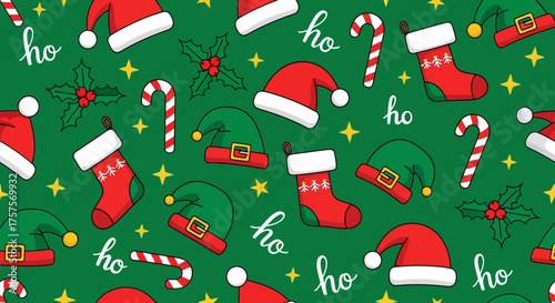Vector illustration of vector art of christmas seamless pattern with santa hats, elf hats, stockings, candy canes, and holly on a green background with stars and ho ho ho text