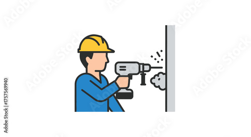 Construction Worker Drilling Wall with Power Drill Wearing Hard Hat.