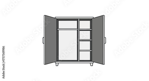 Open Gray Wardrobe with Shelves and Hanging Rod.