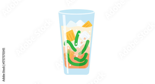 Refreshing Tall Glass of Iced Beverage with Green Garnish.
