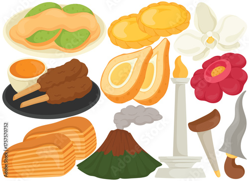 Indonesia food and culture clip art with satay cake durian volcano orchid national monument and kris dagger element in colorful handdrawn style for travel education or cultural design