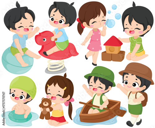 Kids activity clip art with child playing toy bubble water bear rowing boat and outdoor fun element in cute colorful handdrawn style for education preschool or childhood design