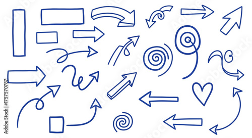 Vector illustration of vector art of collection of handdrawn blue arrows and shapes isolated on a