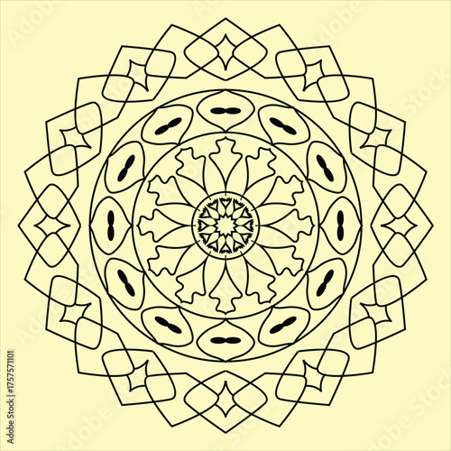 Black Outline Ornate Circular Pattern on Light Backdrop Abstract Symmetrical Artwork