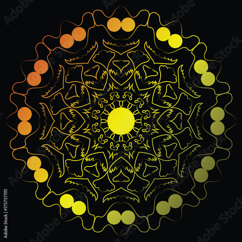 Abstract Gradient Sun Ray Mandala Vector Design Vibrant Yellow Orange Hues on Dark Background