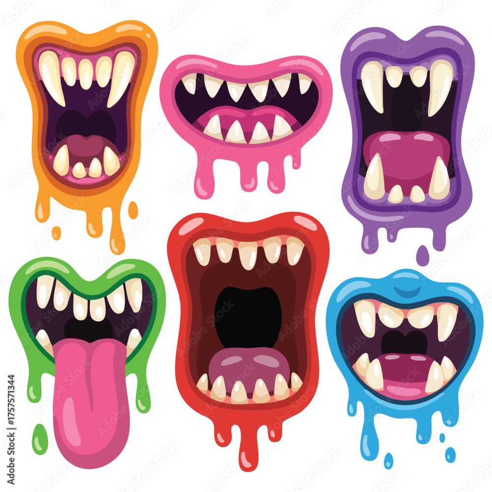 Fototapeta Monster mouths with tongues and drool horror vector