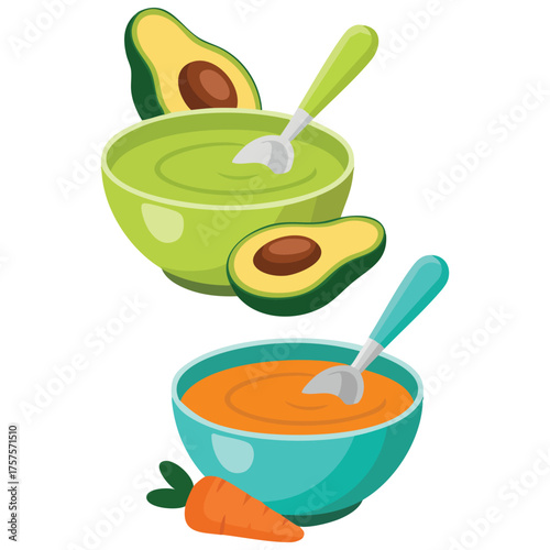 Baby food bowls with puree and spoons vector