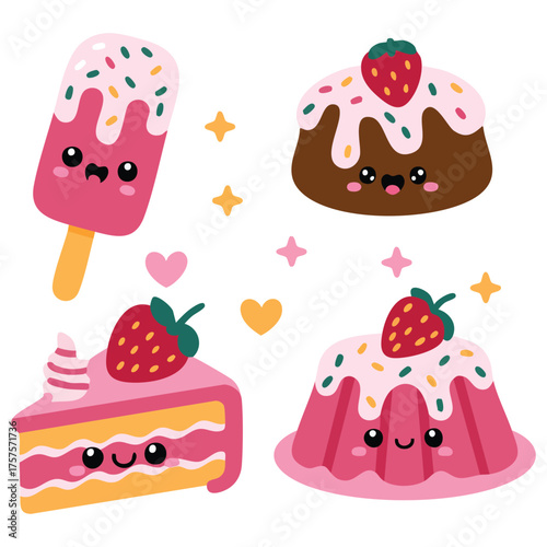 Sweet food icons with smiling faces vector
