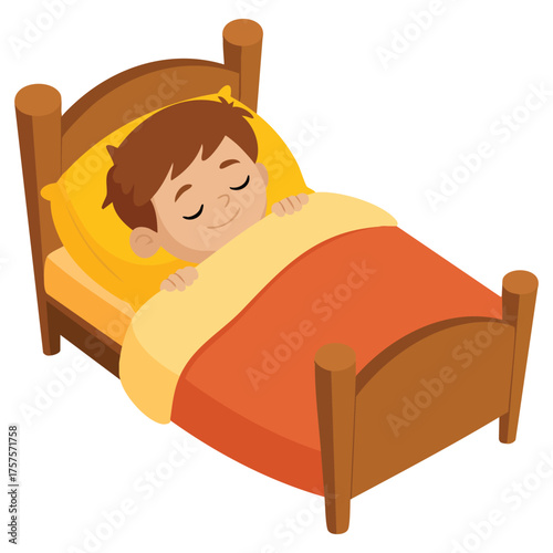 Child resting comfortably in bed with duvet children bedtime concept