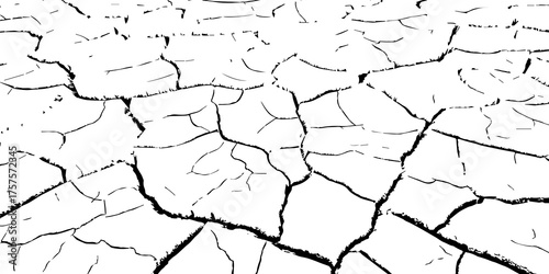 Black and white cracked dry ground texture illustration showing drought and arid earth surface. Perfect for climate change, environmental, and abstract background design concepts.