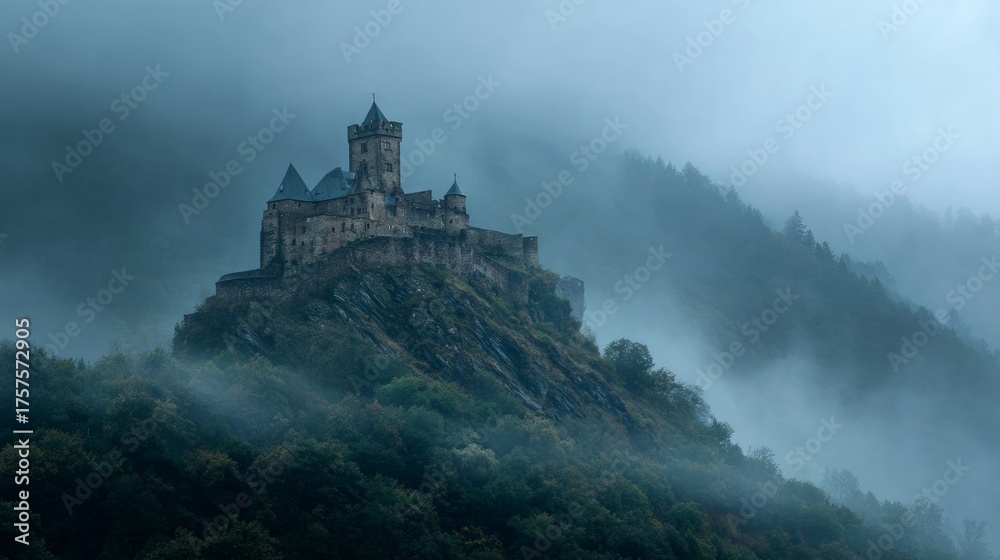Naklejka premium ancient castle on a foggy hill