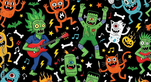 Vector illustration of vector art of a vibrant and playful seamless pattern featuring a variety of cute and quirky monsters playing music and dancing on a