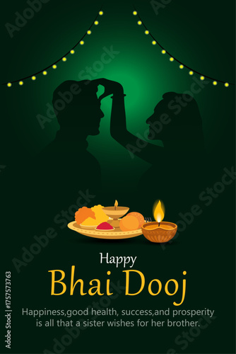 Happy Bhai Dooj Festival Celebration with Sister Applying Tika and Traditional Puja Thali on Green Background
