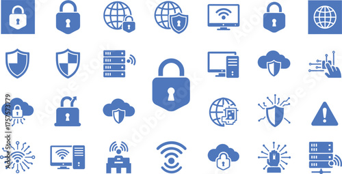 Collection of blue cybersecurity and network security icons isolated on transparent background