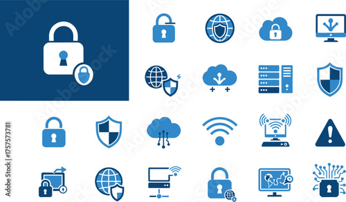 Collection of blue and white cybersecurity and data protection icons isolated on transparent background