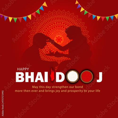 Happy Bhai Dooj Festival Celebration with Sister Applying Tika to Brother Silhouette on Red Background