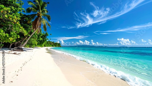 Escape to a breathtaking tropical paradise where pristine white sands meet crystal-clear turquoise waters, offering a truly serene getaway under a vibrant blue sky