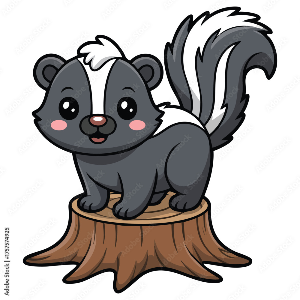 Naklejka premium Cute skunk on stump with mushrooms