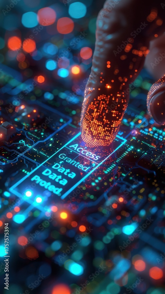 Fototapeta premium Glowing finger touching access granted data protected panel