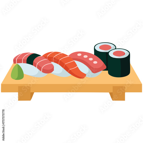 Sushi plate with chopsticks and sauce isolated vector illustration on white background