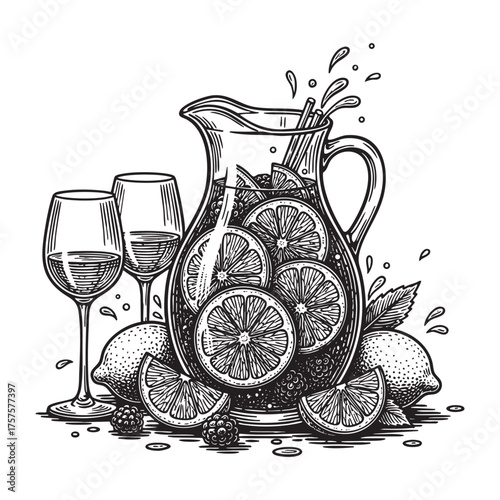 Sangria Pitcher with Wine Glasses, Citrus Slices, and Berries Illustration Vector