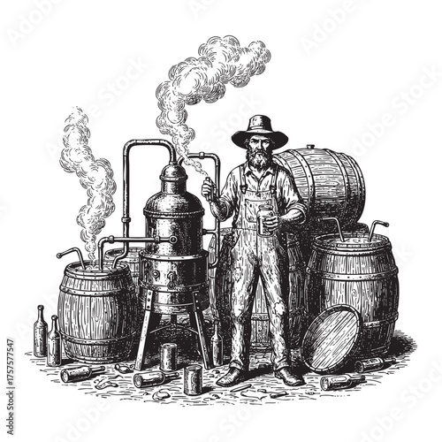 Moonshiner with Distillation Still, Barrels, and Corncob Pipe Illustration