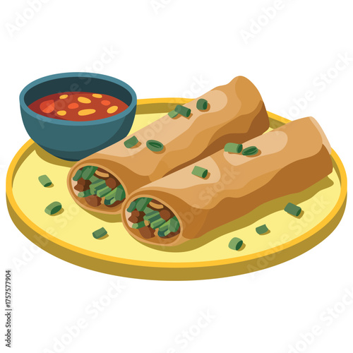 Fried spring rolls with chili sauce isolated vector illustration on white background