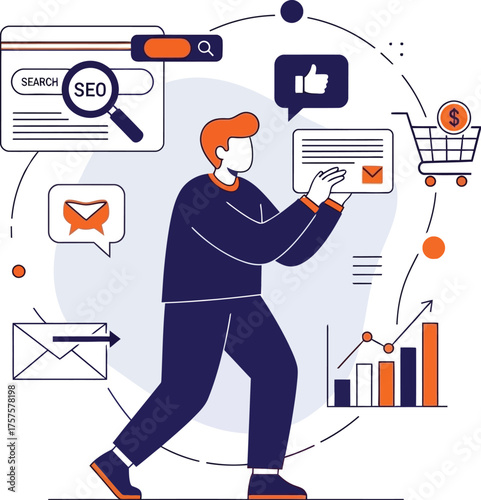 Modern flat illustration showcasing a comprehensive digital marketing strategy with SEO, e-commerce, social media engagement, and data analysis for business growth