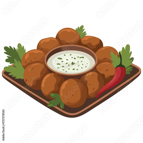 Fast food falafel with yogurt dip isolated vector illustration on white background