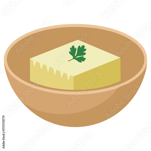 Ghee in wooden bowl with spoon isolated vector illustration on white background
