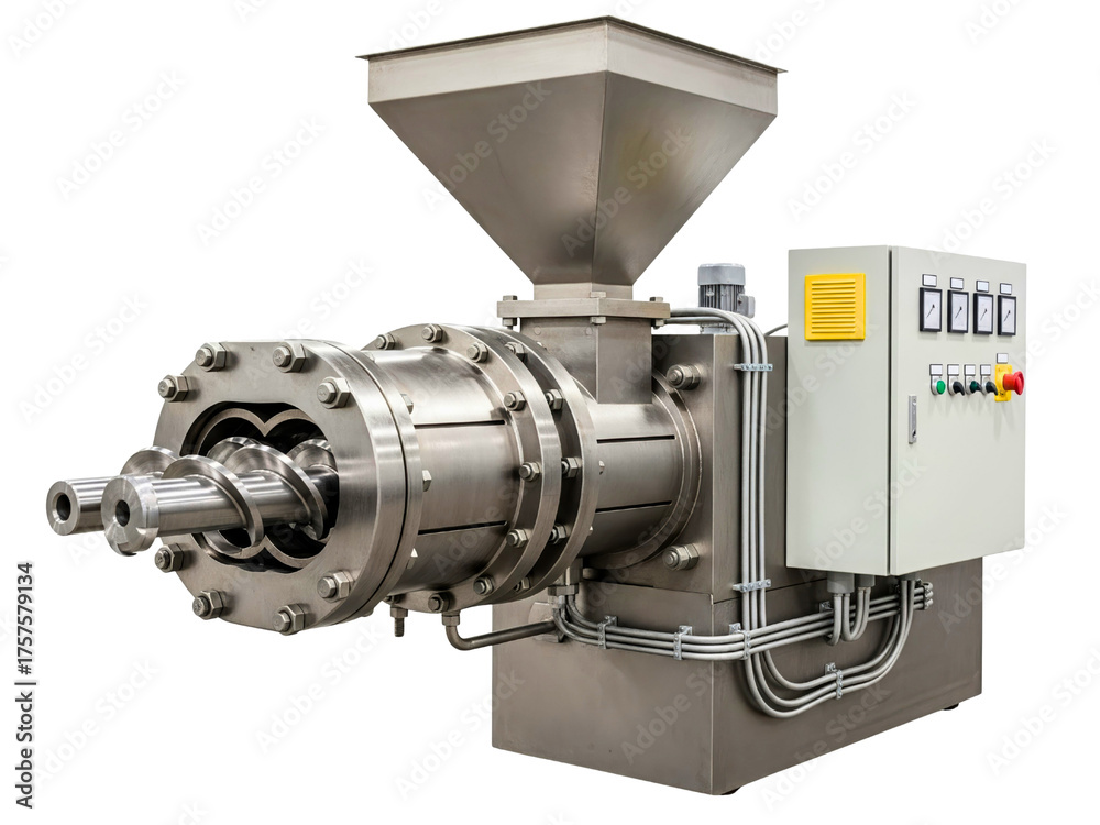Naklejka premium Industrial twin screw extruder machine for food processing on a transparent background