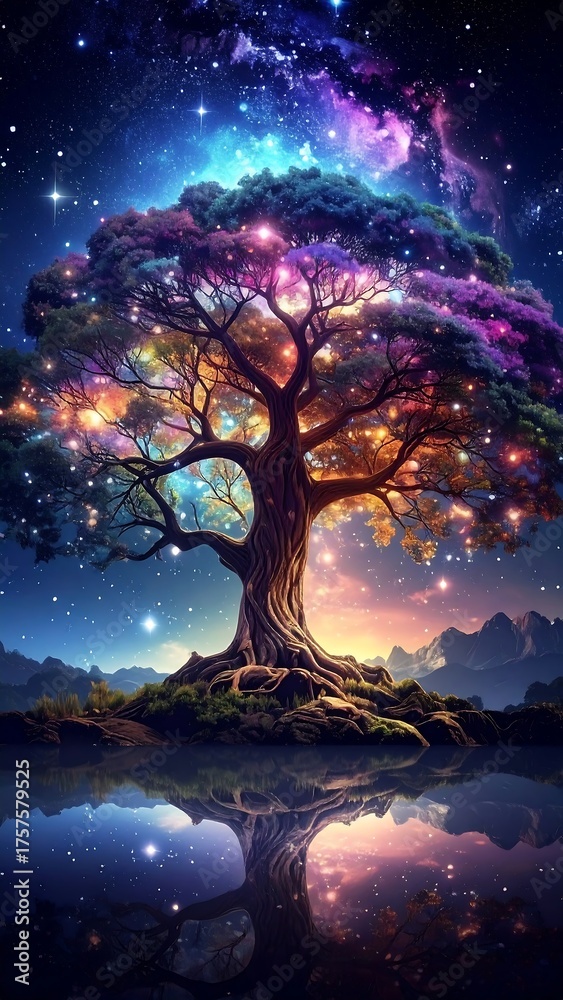 Obraz premium Enchanting night scene with a vibrant, glowing tree reflecting in water