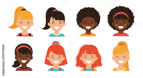 Diverse group of happy smiling children faces illustration.