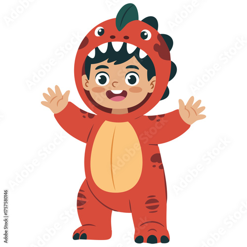 Cute little boy dressed as dinosaur isolated vector illustration on white background