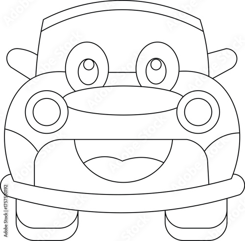 Happy cartoon car character with smiling coloring page line art vector