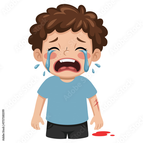 Suffering boy crying with blood isolated vector illustration on white background