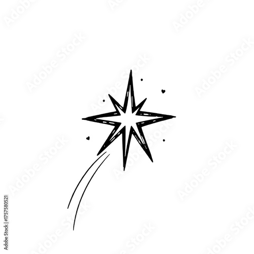 Hand-drawn, sketchy starburst with trailing lines and small dots on a white background.
