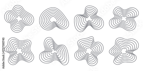 Curvy concentric lines. Abstract topographic shapes or woodcut textures. Ripple, pulse or signal forms. Organic circular waves. Editable stroke. Vector design elements. Isolated on white background.
