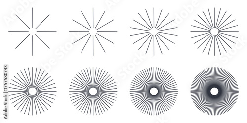 Vector line sunburst icons. Abstract radial rays, concentric star beams and circular explosion shapes. Editable stroke set, black outline symbols, isolated on white. Minimal graphic style elements.