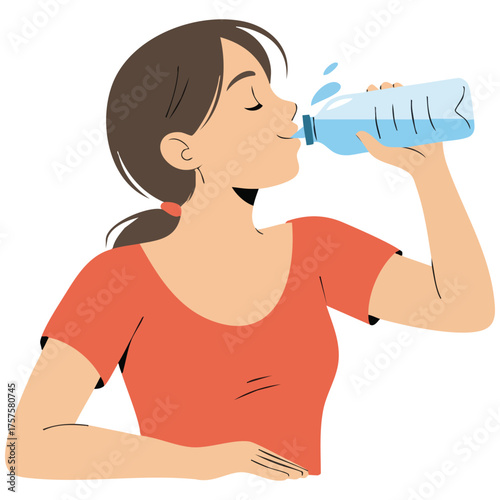 Cheerful schoolgirl drinking water from bottle isolated vector illustration on white background