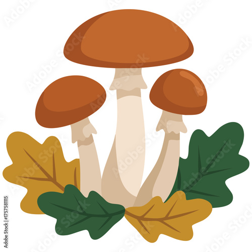 Autumn mushroom with fall leaves isolated vector illustration on white background