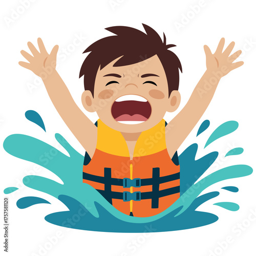 Little boy drowning in water with vest isolated vector illustration on white background