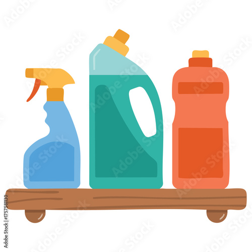 Shelf with detergents cleaning concept isolated vector illustration on white background