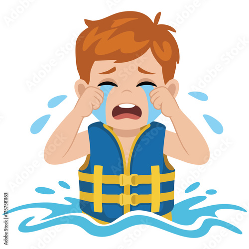 Child drowning in sea with life vest isolated vector illustration on white background