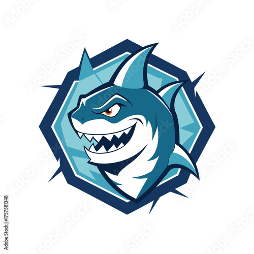 Fierce blue shark mascot head with sharp teeth inside a jagged hexagonal emblem
