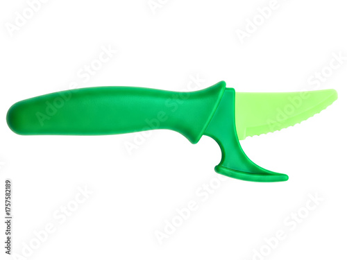 Green plastic safety training knife for children learning to cook on a transparent background
