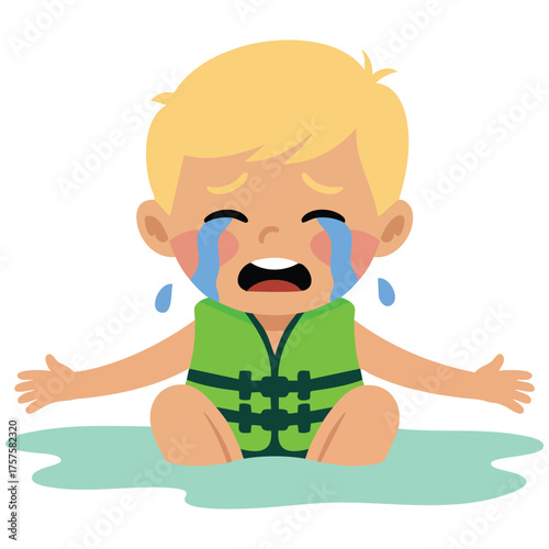 Child drowning in water with vest isolated vector illustration on white background