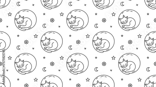 Seamless pattern with sleeping cats moons and stars in a minimalist style on a white background on transparent background silhouette