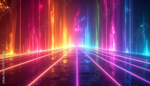Abstract image of vibrant, colorful neon lights illuminating a dark surface, creating a futuristic and dynamic scene.