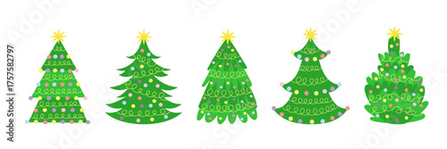 Cute Christmas tree vector set with colorful ornaments and garlands drawn in flat playful style. Ideal for cards, wrapping, and holiday decorations.